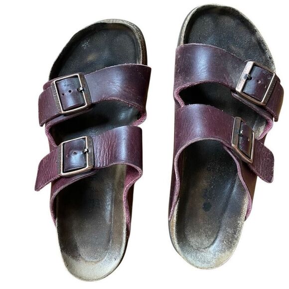 Birkenstock Sandals Arizona Big Buckle Burgundy 40 Leather Distressed Comfort - Picture 1 of 6
